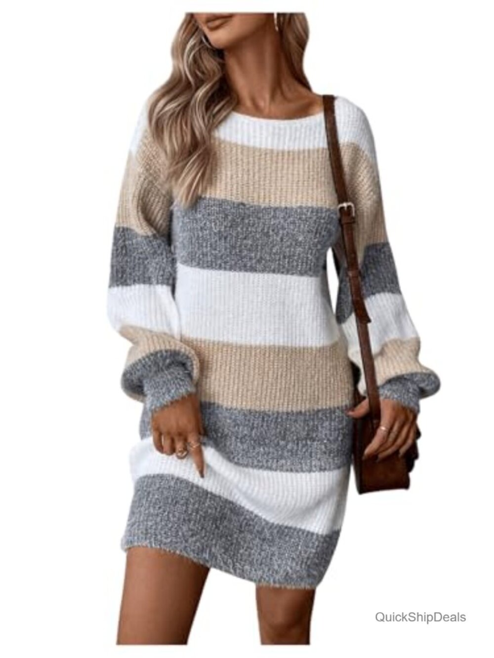 Long Sleeve Striped Knit Sweater Dress Crew Neck Pullover